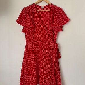 red polka dot wrap dress